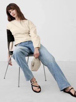 Rounded-Sleeve Denim Top