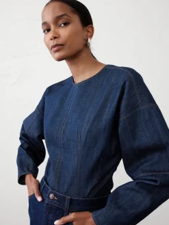 Rounded-Sleeve Denim Top