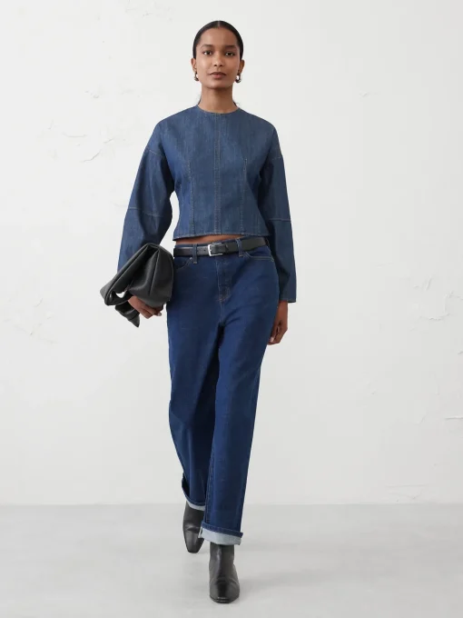 Rounded-Sleeve Denim Top