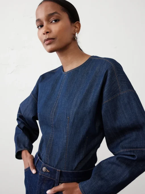 Rounded-Sleeve Denim Top