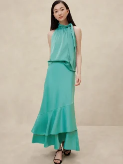 Satin Tiered Maxi Skirt