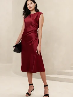Shirred-Side Satin Midi Dress