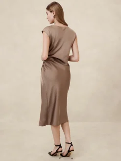 Shirred-Side Satin Midi Dress