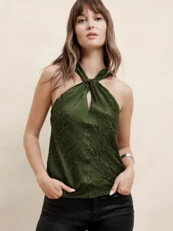 Silky Twist-Front Halter Blouse