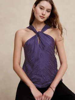 Silky Twist-Front Halter Blouse