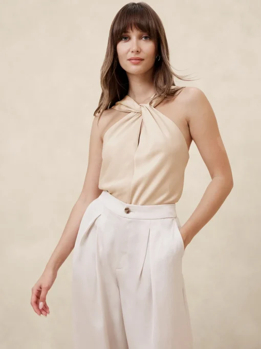 Silky Twist-Front Halter Blouse