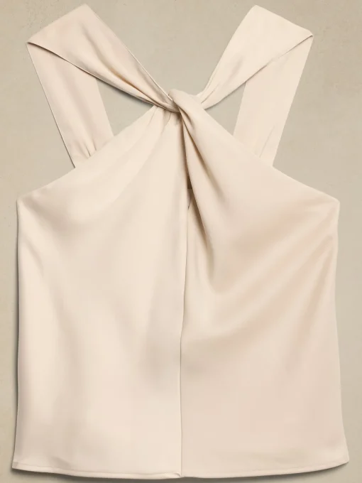 Silky Twist-Front Halter Blouse