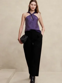Silky Twist-Front Halter Blouse