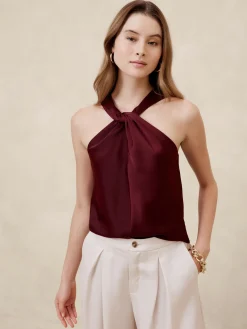 Silky Twist-Front Halter Blouse