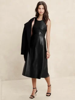 Vegan Leather Paneled Midi Dress