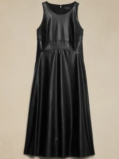 Vegan Leather Paneled Midi Dress