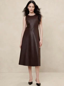 Vegan Leather Paneled Midi Dress
