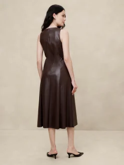 Vegan Leather Paneled Midi Dress