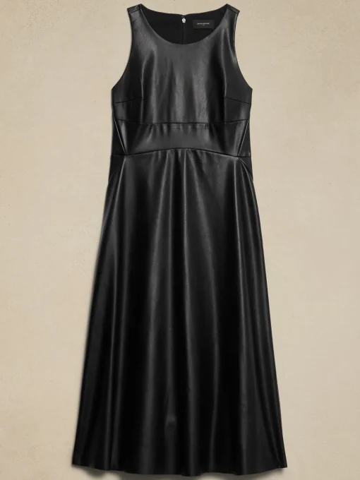 Vegan Leather Paneled Midi Dress